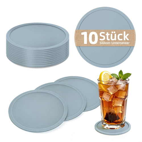 HELI MIAO Untersetzer Gläser Silikon mit Halter,rutschfest Glasuntersetzer mit Hohem Rand für Auslaufschutz,Hitzebeständig Tassenuntersetzer für Couchtisch,Esstisch&Bar,10Stück mit Halter Schwarz