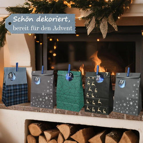 Adventskalender Tüten zum Befüllen, 24 Diy Adventskalender zum Befüllen mit Zahlenaufklebern & Klammern, Papiertüten Weihnachtskalender Tüten, Weihnachten Geschenke Machen