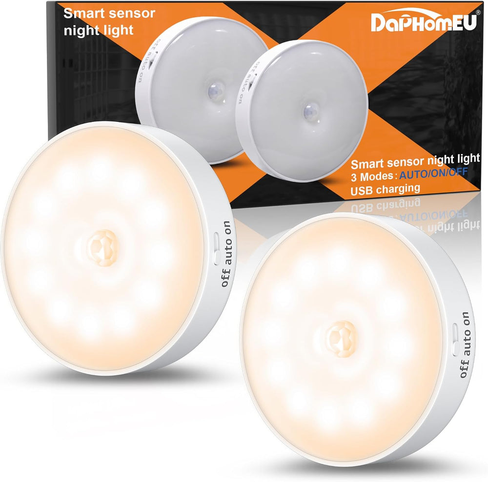 daphomeu 2 Stück Nachtlicht mit Bewegungsmelder,USB Wiederaufladbare LED-Licht,Schrankbeleuchtung,Bewegungsmelder innen für Treppenbeleuchtung,Schlafzimmer, Küche, Kinderzimmer.（Warmweiß）