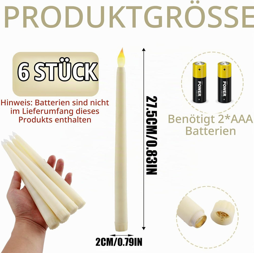 6 Stück LED Kerzen Stabkerzen Flammenlose Kerzen LED Spitzkerzen Stabkerzen Tafelkerzen Leuchterkerzen Batteriebetrieben Lang LED Kerzen für Weihnachten Hochzeit Party Tisch Dekoration, Weiß