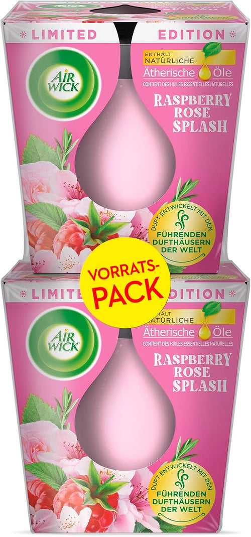 Air Wick Wohlfühl-Duftkerze DUO im Glas – Duft: Raspberry Rose Splash – Enthält natürliche ätherische Öle – Duftkerzenset mit je 2 Kerzen