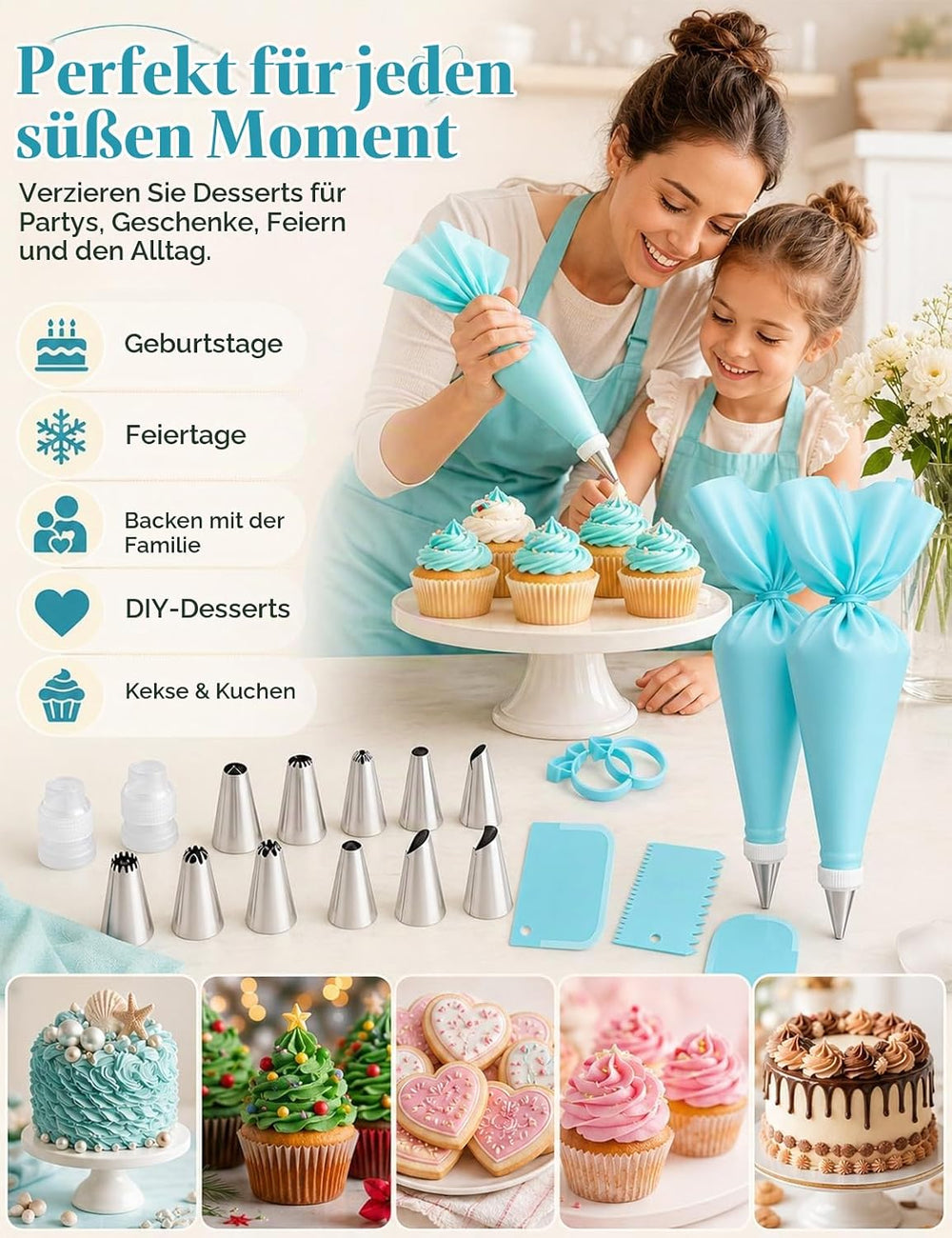 WOFEIS 21-teiliges Spritzbeutel-Set | Premium Torten Dekorationsset für Kuchen, Cupcakes & Kekse | Inkl. 12 Edelstahl-Spritztüllen & reißfesten PE-Einweg-Spritzbeuteln | Profi Backzubehör