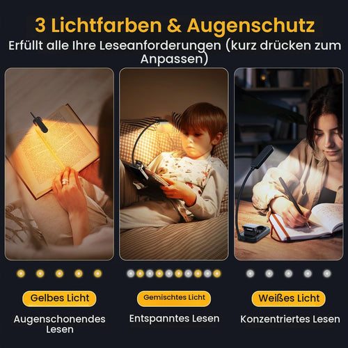 Leselampe Buch Klemme, GARITE 10 LED Buchlampe mit Stufenloser Dimmung, 3 Farbmodi (Warm/Kühl/Weiß), USB Wiederaufladbare Klemmlampe, 360° Faltbare Leselampe für Nachtlesen, Buch, Bett, Büro, Reisen