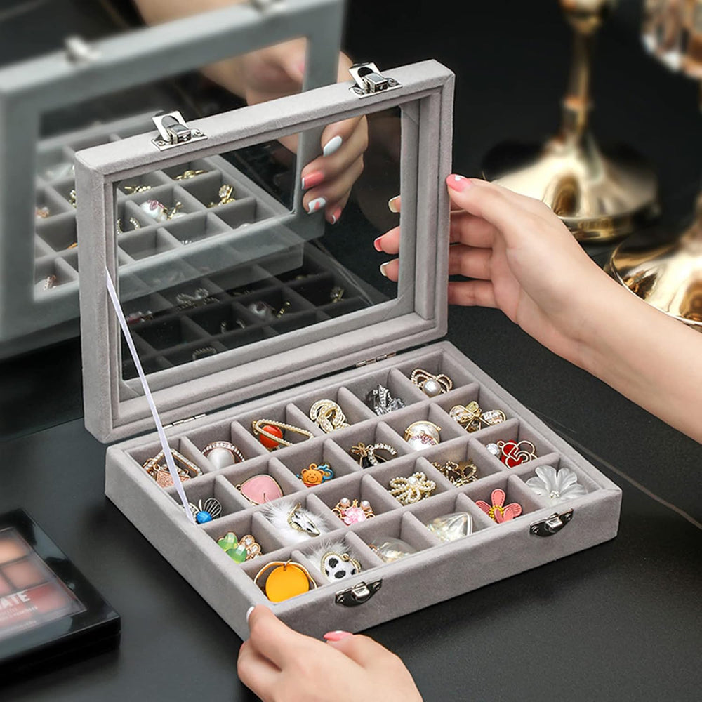 AMJKEJI Jewelry Organizer Schmuckkasten Grau 24 Fächer, Samt Aufbewahrung Schmuckkasten mit Glas Deckel, Verstellbar Schmuckschatulle für Halskette, Ring, Armband, Ohrringe