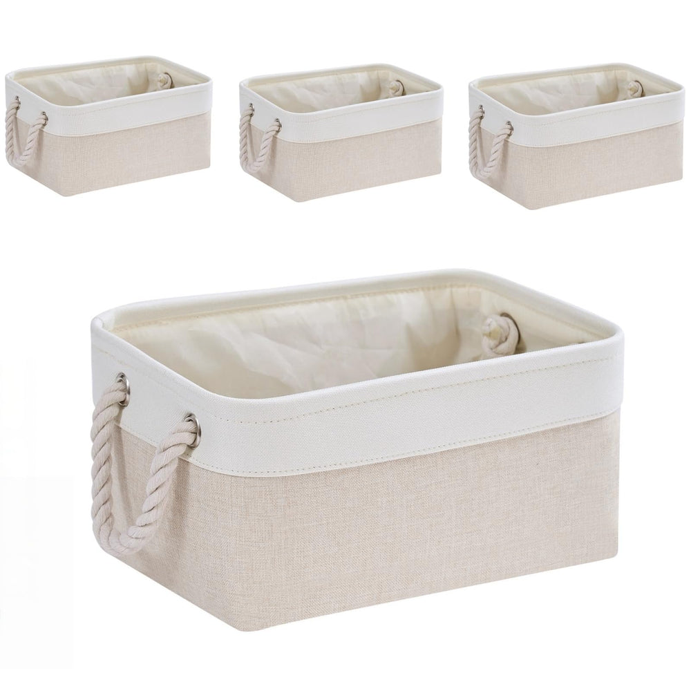 Mangata Aufbewahrungsbox Stoff,Klein Waschbare Aufbewahrungskorb, Korbe in Würfel für Schrank Regal und Kleidung(Hellbeige/Weiß, S, 1 Set)