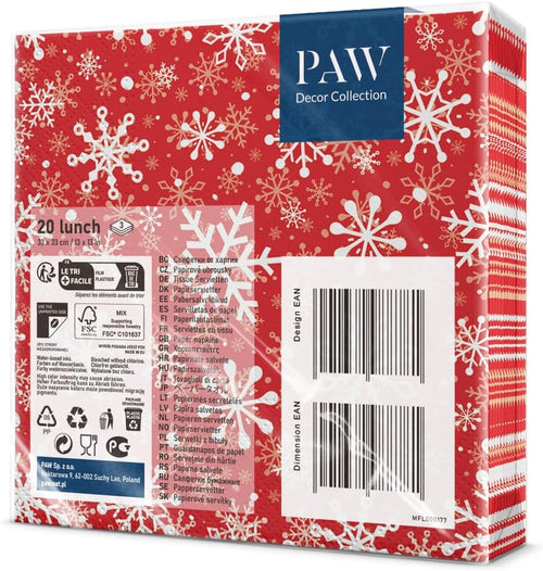 PAW Servietten 33 x 33 cm, 20 Stück - Weihnachtsschneeflocken Hellrot
