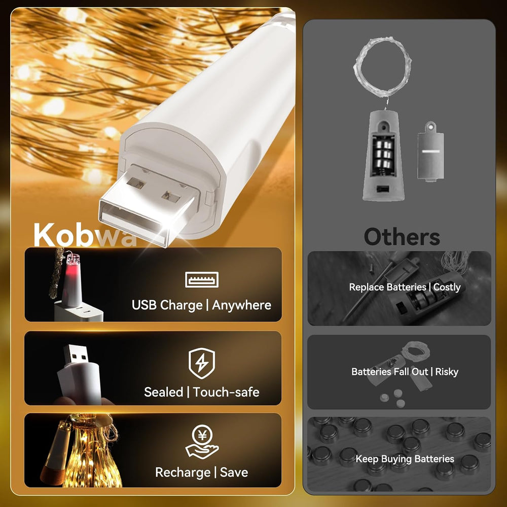 Flaschenlichter mit Korken, USB wiederaufladbares Weinflaschenlicht, batteriebetriebene Gläser, Lichterkette, 2025 verbesserte Lichterkette für Weihnachtsdekorationen(Warm weiß, 3 Pack)