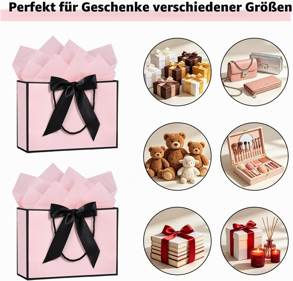 SHUBEIEUMI 3 Geschenktüten 28x20x10cm (Rosa mit schwarzem Rand)