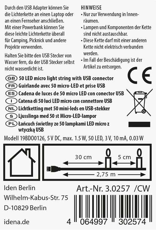 Idena Micro Lichterkette Innen 50 LEDs in Warmweiß, 2,75 m