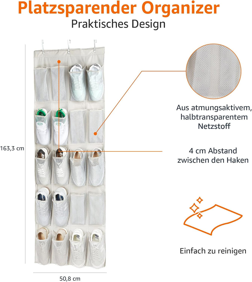 Amazon Basics 20 Taschen Schuhaufbewahrung zum Aufhängen an Türen - Bietet Platz für 10 Paar mittelgroßer Schuhe, Grau Bräunen