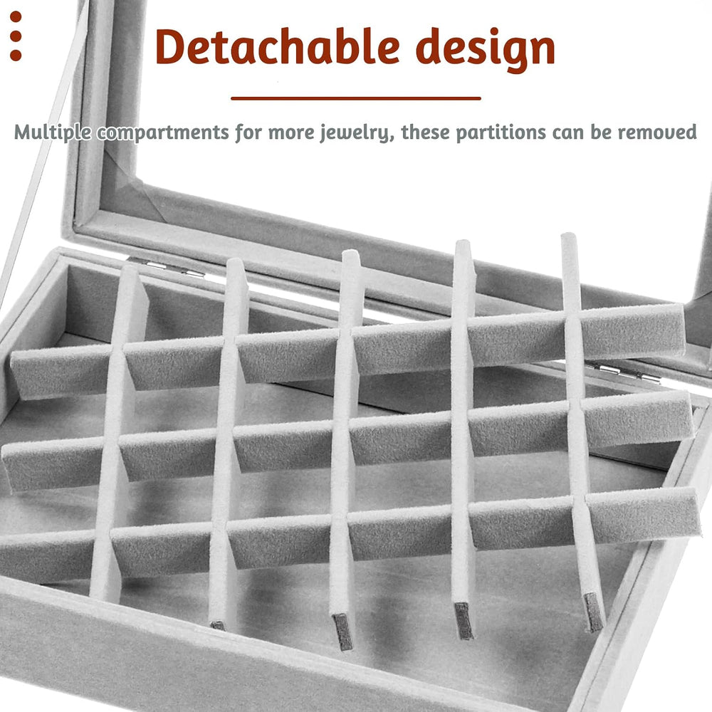 AMJKEJI Jewelry Organizer Schmuckkasten Grau 24 Fächer, Samt Aufbewahrung Schmuckkasten mit Glas Deckel, Verstellbar Schmuckschatulle für Halskette, Ring, Armband, Ohrringe