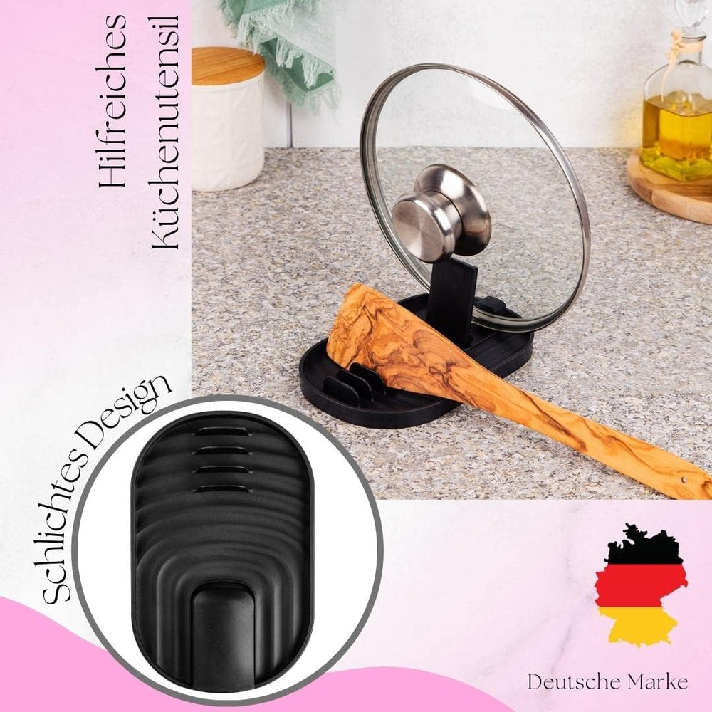 Löffelablage für Ordnung in der Küche - Topfdeckelhalter & Kochlöffelablage in einem - Ablage für Deckel, Utensilien, Pfannenwender, Tablet [schwarz]