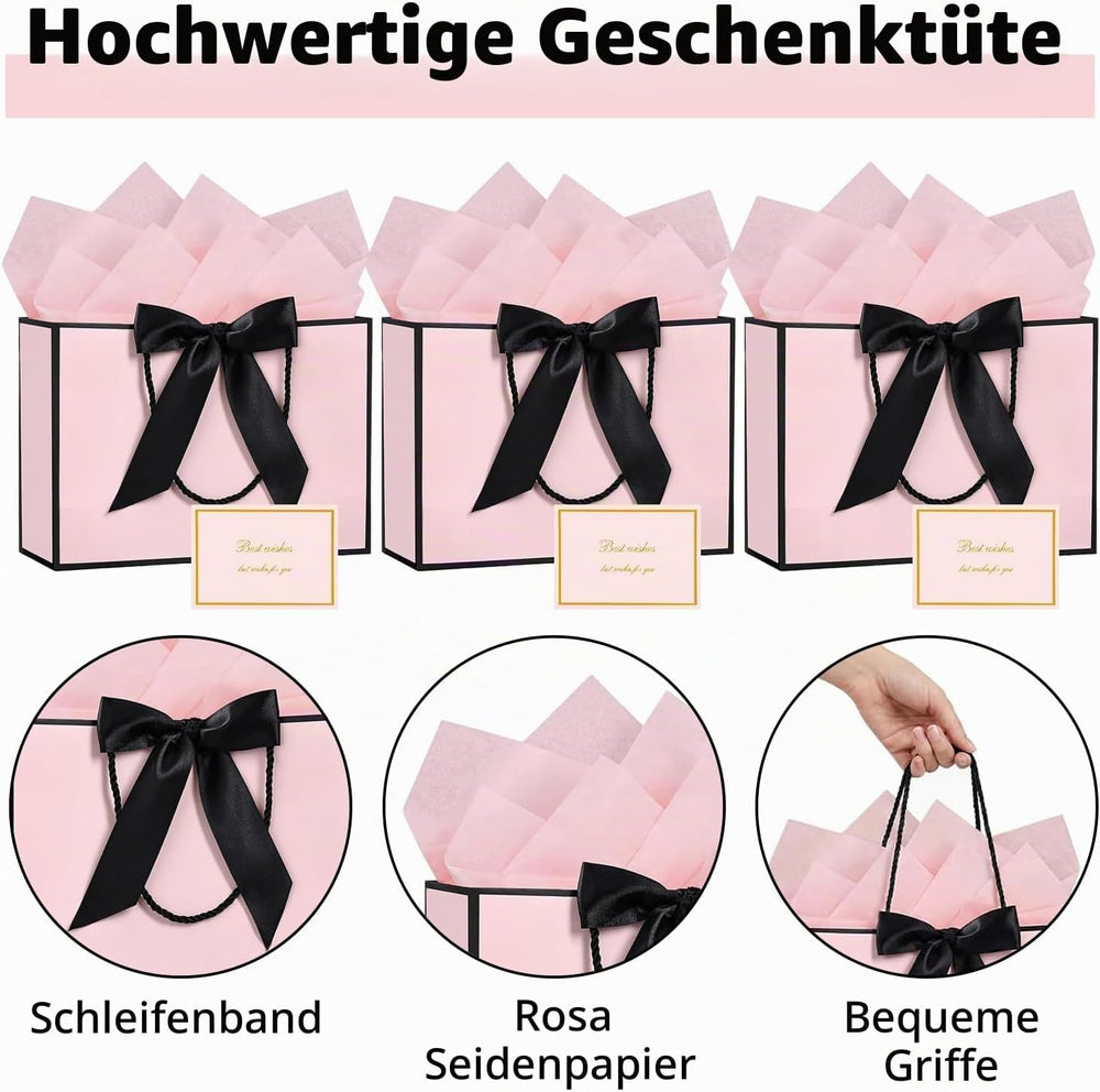 SHUBEIEUMI 3 Geschenktüten 28x20x10cm (Rosa mit schwarzem Rand)
