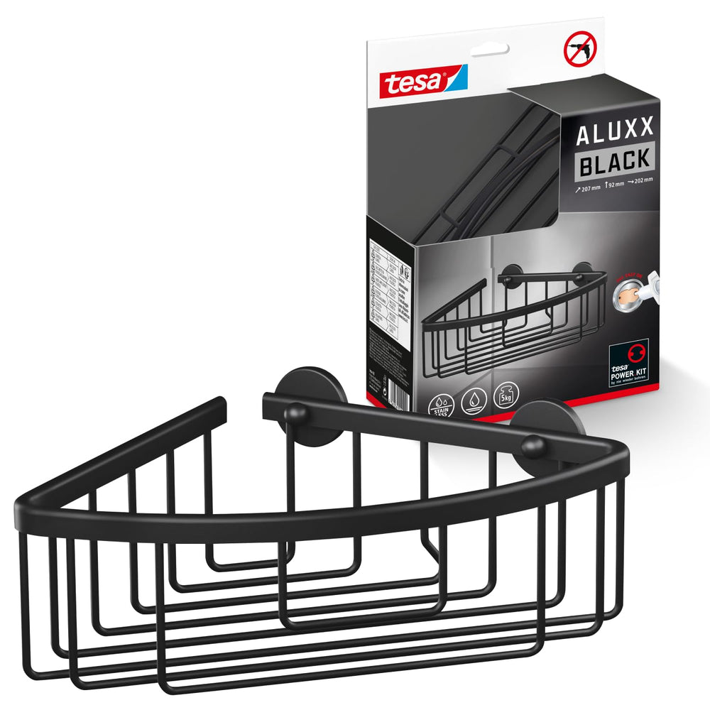 tesa ALUXX BLACK Seifenablage zur Wandmontage ohne Bohren, schwarz matt - für Bäder im Industrial Style und moderne Badezimmer - mit Klebelösung - 135 mm x 46 mm x 95 mm