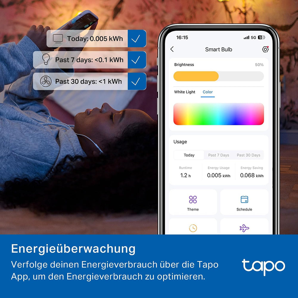 Tapo L430C Smarte WLAN Glühbirne E14, 470 Lumen, 16 Mio. Farben, dimmbar, Zeitplan & Timer, Energieüberwachung, Kompatibel mit Alexa, Google Assistant und Samsung SmartThings