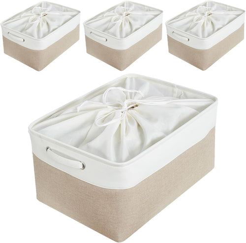 Mangata aufbewahrungsbox Stoff, aufbewahrungskorb, Korb aufbewahrung Stoff mit Griffen für Schrank, Spielzeug, kleiderschrank, Regale, Kleidung (Helles Khaki Weiß, klein)