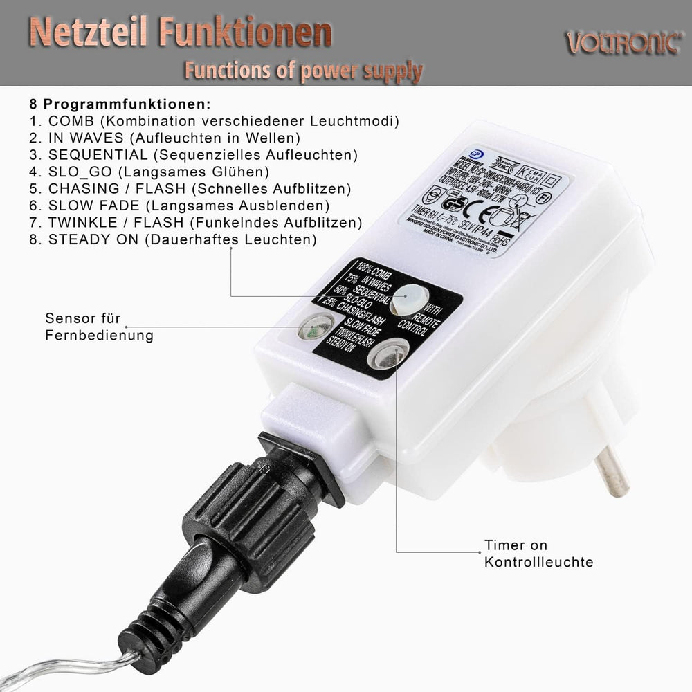 VOLTRONIC LED Lichtervorhang, innen und außen, IP44, Modell- und Farbwahl, 5 Sterne 61 LEDs, warmweiß, Fernbedienung