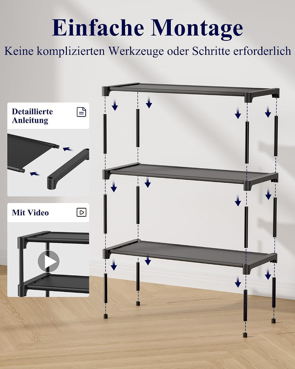 Kitsure Schuhregal, 3 Ebenen, 63 x 30 x 36 cm, Schwarz, platzsparend