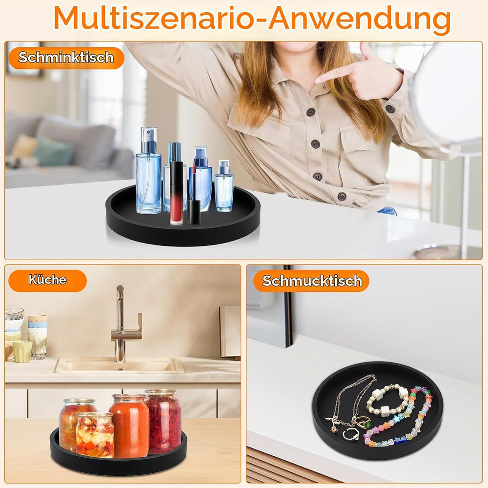 Dekotablett Deko Tablett, Badezimmer Tablett Schwarz Silikon Ablageschale, für Badewanne Küchen Toilette Schminktisch Kosmetisch Kerzen Tabletts (rund, 18x18x1.9 cm)
