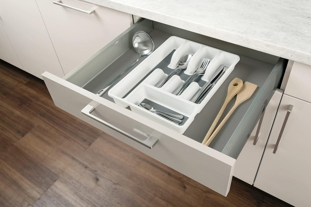 WENKO Besteckkasten Anti-Rutsch 5 Fächer, Besteckeinsatz für Schubladen, 5 x 36.5 x 26.5 cm Weiß