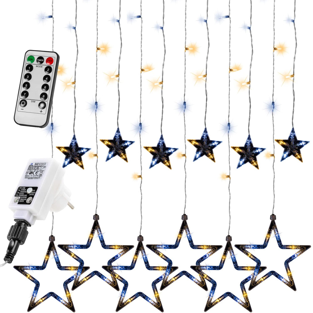 VOLTRONIC LED Lichtervorhang, innen und außen, IP44, Modell- und Farbwahl, 5 Sterne 61 LEDs, warmweiß, Fernbedienung