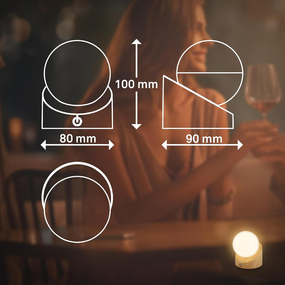 BRILONER - Mini LED Tischlampe kabellos IP54 mit Touch, dimmbar in Stufen, Akku & Lichtquelle tauschbar, Nachttischlampe, Kugel, LED Lampe, Akku Tischleuchte, Outdoor Lampe, 10x8x9 cm, Holzoptik