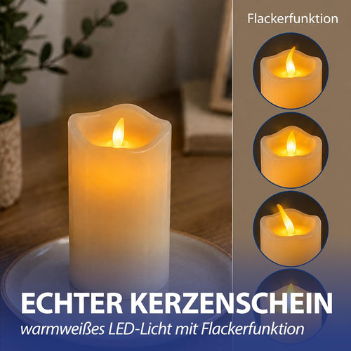 3er Set LED Kerzen Echtwachs-Optik Outdoor | 3 Größen Kunststoff elfenbein | Flackerfunktion warmweiß inkl. 5h Timer batteriebetrieben