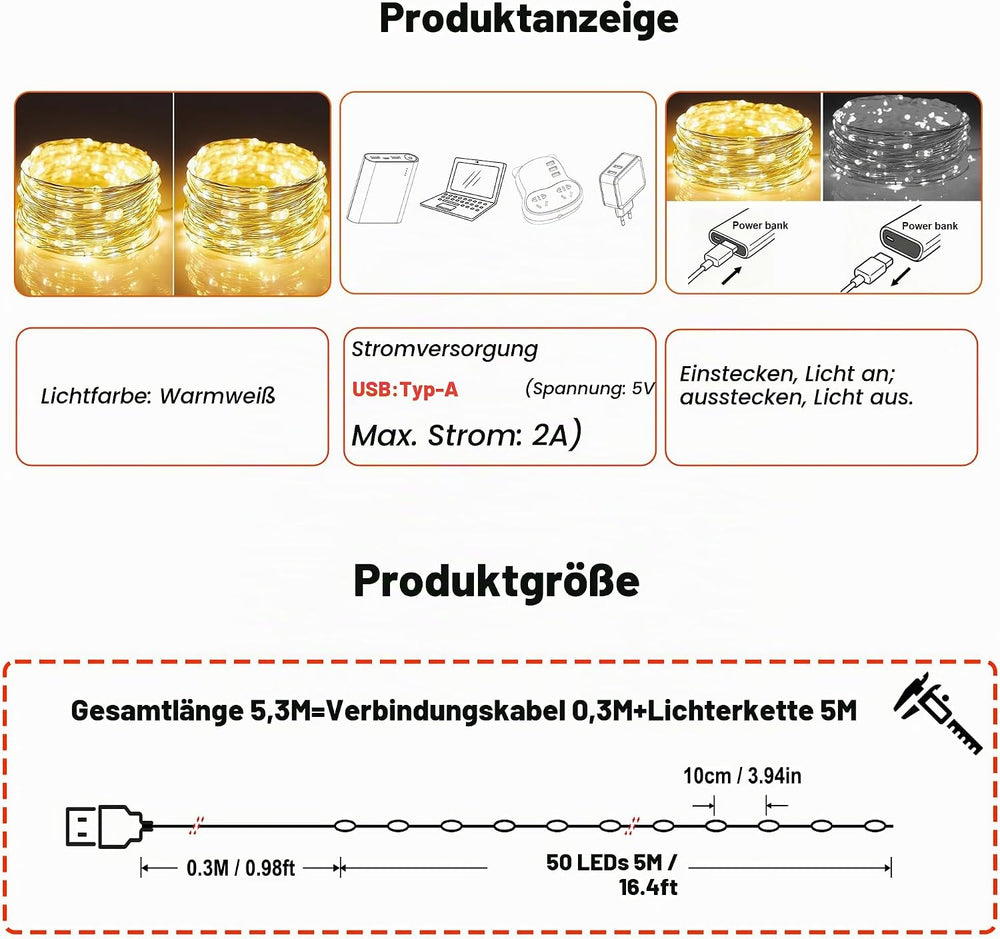 2 Stück LED Lichterkette, 50LED 5M / 17Ft 8 Modi USB lichterkette außen/innen Wasserdichte mit Fernbedienung für Schlafzimmer, Hof, Hochzeit, Weihnachten, DIY etc (Warmweiß)