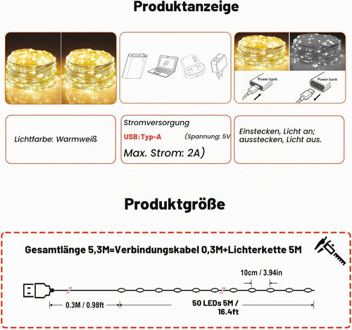 2 Stück LED Lichterkette, 50LED 5M / 17Ft 8 Modi USB lichterkette außen/innen Wasserdichte mit Fernbedienung für Schlafzimmer, Hof, Hochzeit, Weihnachten, DIY etc (Warmweiß)