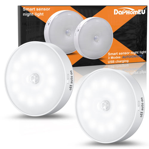 daphomeu 2 Stück Nachtlicht mit Bewegungsmelder,USB Wiederaufladbare LED-Licht,Schrankbeleuchtung,Bewegungsmelder innen für Treppenbeleuchtung,Schlafzimmer, Küche, Kinderzimmer.（Warmweiß）