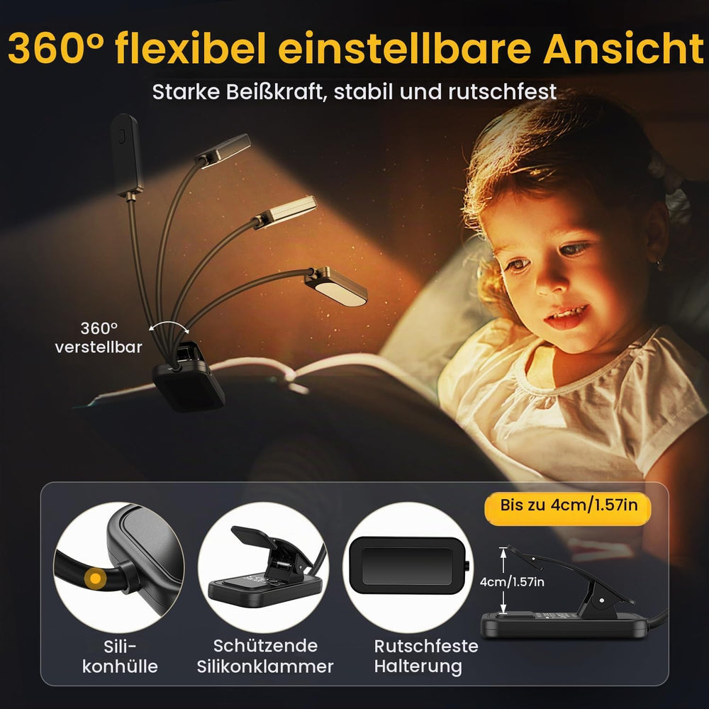 Leselampe Buch Klemme, GARITE 10 LED Buchlampe mit Stufenloser Dimmung, 3 Farbmodi (Warm/Kühl/Weiß), USB Wiederaufladbare Klemmlampe, 360° Faltbare Leselampe für Nachtlesen, Buch, Bett, Büro, Reisen