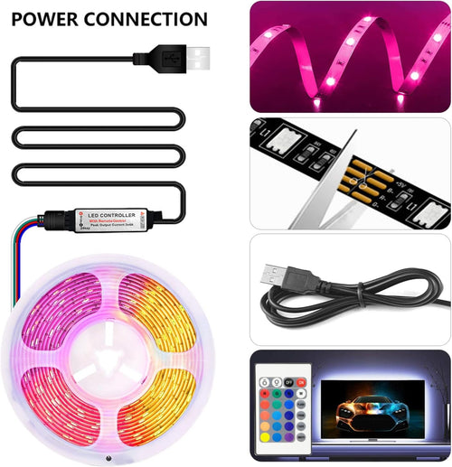 2M USB-LED-Lichtstreifen, DIY-Innendekoration, für TV-Hintergrundbeleuchtung, 16 Farben, 5050 LEDs, Fernbedienung mit 24 Tasten