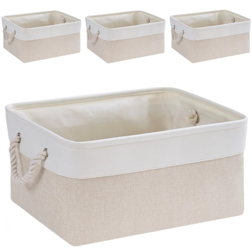 Mangata Aufbewahrungsbox Stoff,Klein Waschbare Aufbewahrungskorb, Korbe in Würfel für Schrank Regal und Kleidung(Hellbeige/Weiß, S, 1 Set)