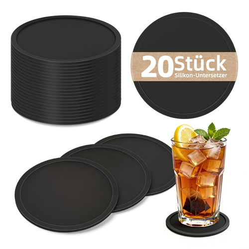 HELI MIAO Untersetzer Gläser Silikon mit Halter,rutschfest Glasuntersetzer mit Hohem Rand für Auslaufschutz,Hitzebeständig Tassenuntersetzer für Couchtisch,Esstisch&Bar,10Stück mit Halter Schwarz