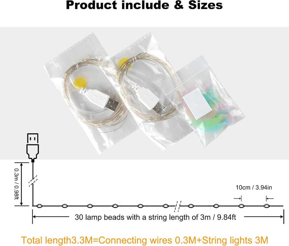 2 Stück LED Lichterkette, 30LED 3M / 10Ft USB lichterkette außen/innen Wasserdichte für Schlafzimmer, Hof, Hochzeit, Weihnachten, DIY etc (Warmweiß)