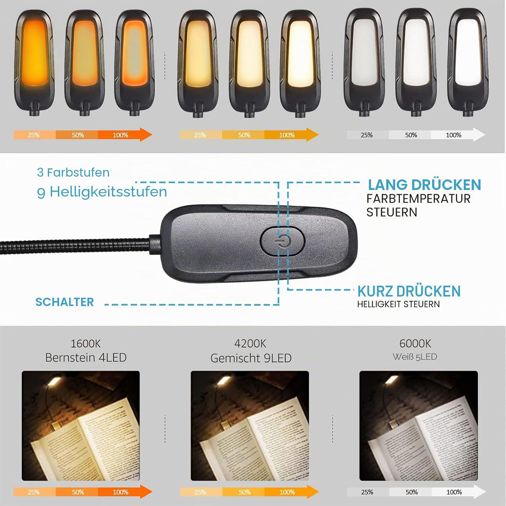 Diboniur Leselampe Buch Klemme, Klemmlampe mit 9 LEDs, 3 Farbtemperaturen und 3 Helligkeiten einstellbar, USB Wiederaufladbare Leselampe buch, 360° Flexibel für Büchern im Bett [Energieklasse A+++]