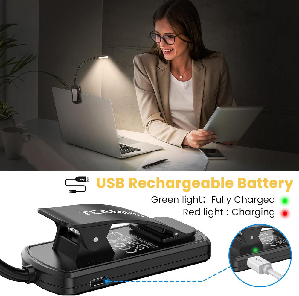 TEAMPD Leselampe Buch Klemme, Buchlampe mit 10 LEDs, 3 Farbtemperatur Modi Dimmbare Helligkeit, Augenschutz Klemmlampe, USB Wiederaufladbare Klemmleuchte, 360° Flexibel für Nachtlesen ins Bett, Reisen