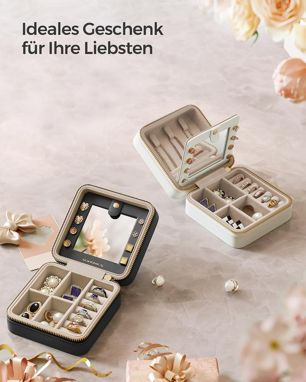 SONGMICS Schmuckkästchen Reise, Spiegel, PU-Bezug, 11,4 x 11,4 x 6 cm
