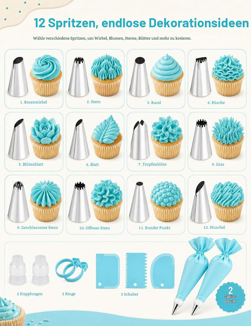 WOFEIS 21-teiliges Spritzbeutel-Set | Premium Torten Dekorationsset für Kuchen, Cupcakes & Kekse | Inkl. 12 Edelstahl-Spritztüllen & reißfesten PE-Einweg-Spritzbeuteln | Profi Backzubehör