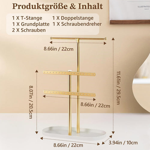 Schmuck-Organizer 3 Ebenen, Metall Schmuckständer in Gold
