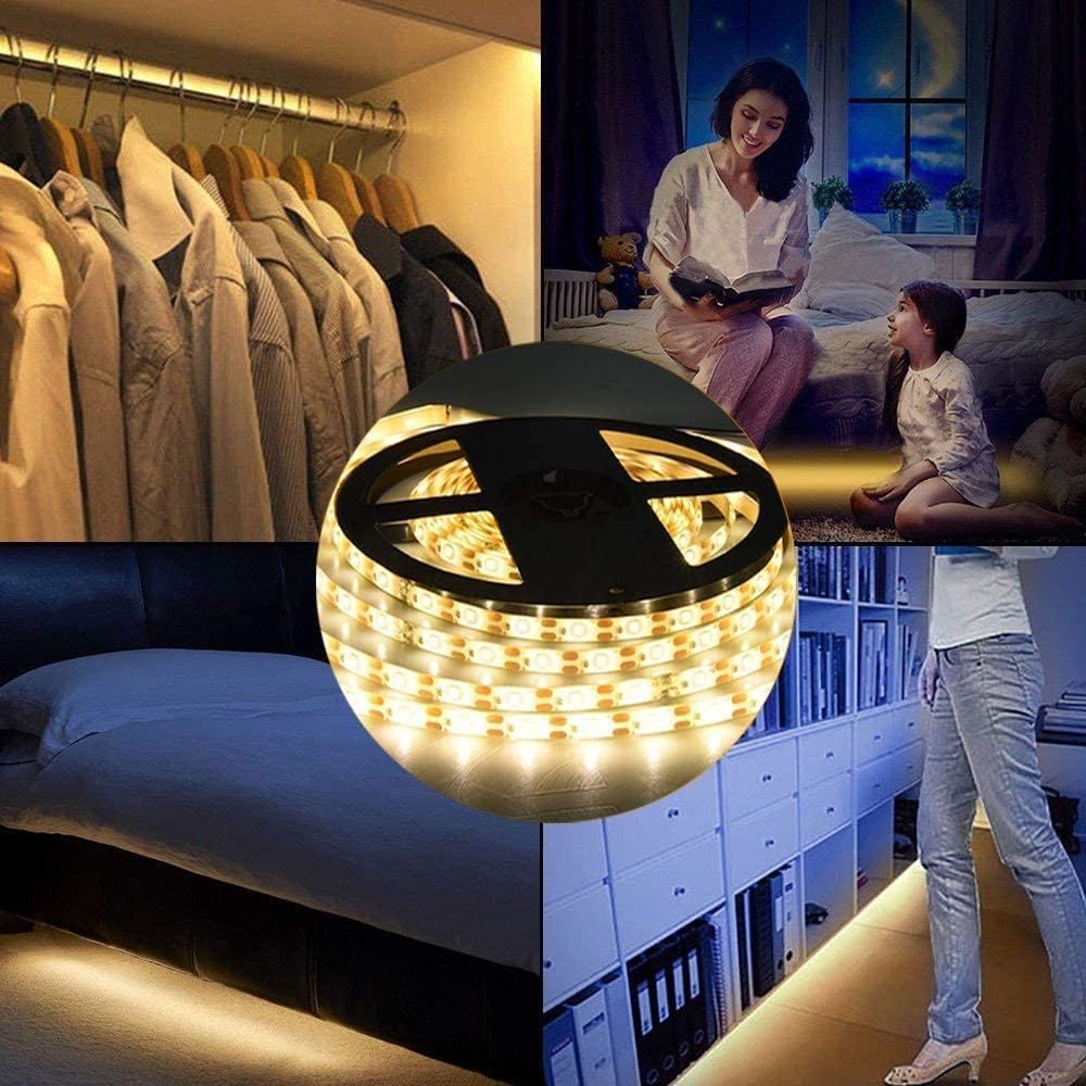 LED Strip mit Bewegungsmelder 1M, LED Schrankbeleuchtung Batteriebetrieben Streifen,Warmweiß 3000K Nachtlicht Stripe für Schrank,Treppe, Bett, Babyzimmer, Küche,Bücherregal