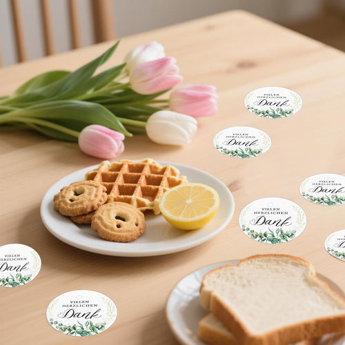 100 Stück Dankesetiketten rund 5 cm mit grünen Blättern – Geschenkanhänger mit Sprüchen & Schnur, Papieranhänger für Geschenkverpackung, Hochzeit, Party, Flaschen & Geschenkboxen