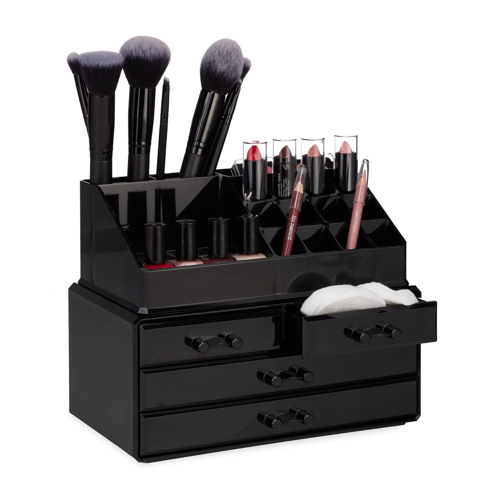 Relaxdays Make Up Organizer Acryl, 2-teilige Schminkaufbewahrung mit Lippenstifthalter und 4 Schubladen, transparent, 19 x 24 x 13.5 cm