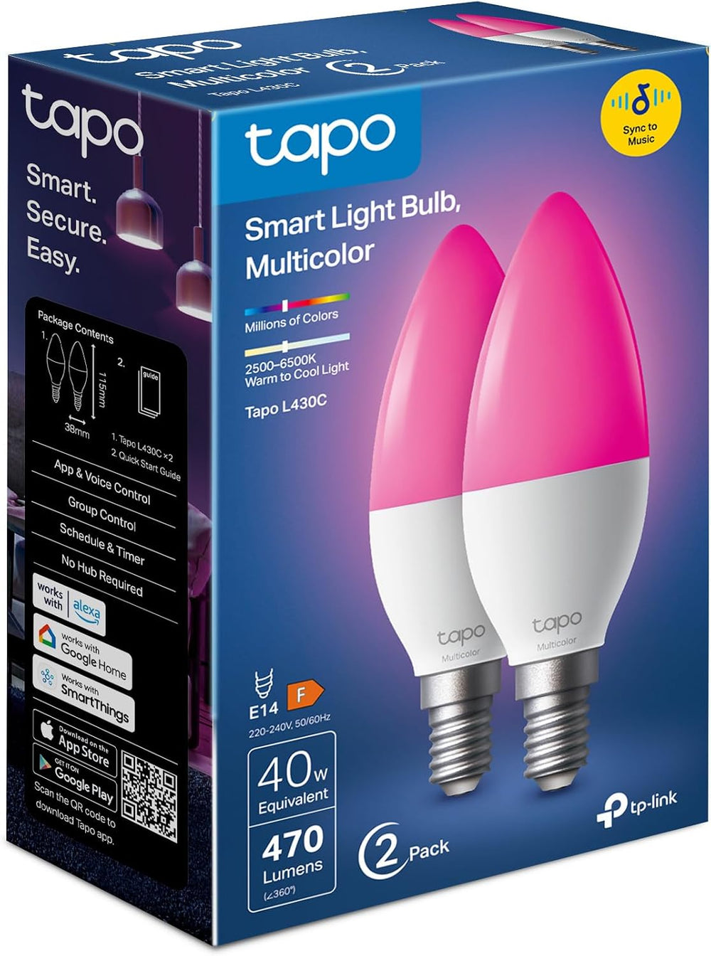 Tapo L430C Smarte WLAN Glühbirne E14, 470 Lumen, 16 Mio. Farben, dimmbar, Zeitplan & Timer, Energieüberwachung, Kompatibel mit Alexa, Google Assistant und Samsung SmartThings