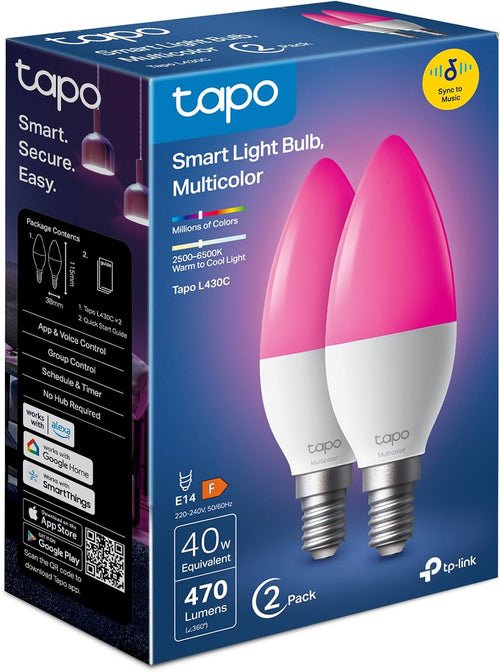 Tapo L430C Smarte WLAN Glühbirne E14, 470 Lumen, 16 Mio. Farben, dimmbar, Zeitplan & Timer, Energieüberwachung, Kompatibel mit Alexa, Google Assistant und Samsung SmartThings