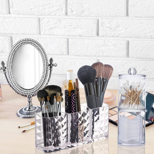 Kosmetik Organizer mit 3 Fächern, Glas Wattestäbchen Behälter Schminke Aufbewahrung, Pinselhalter, Make Up Organizer, Für Badezimmer & Schminktisch
