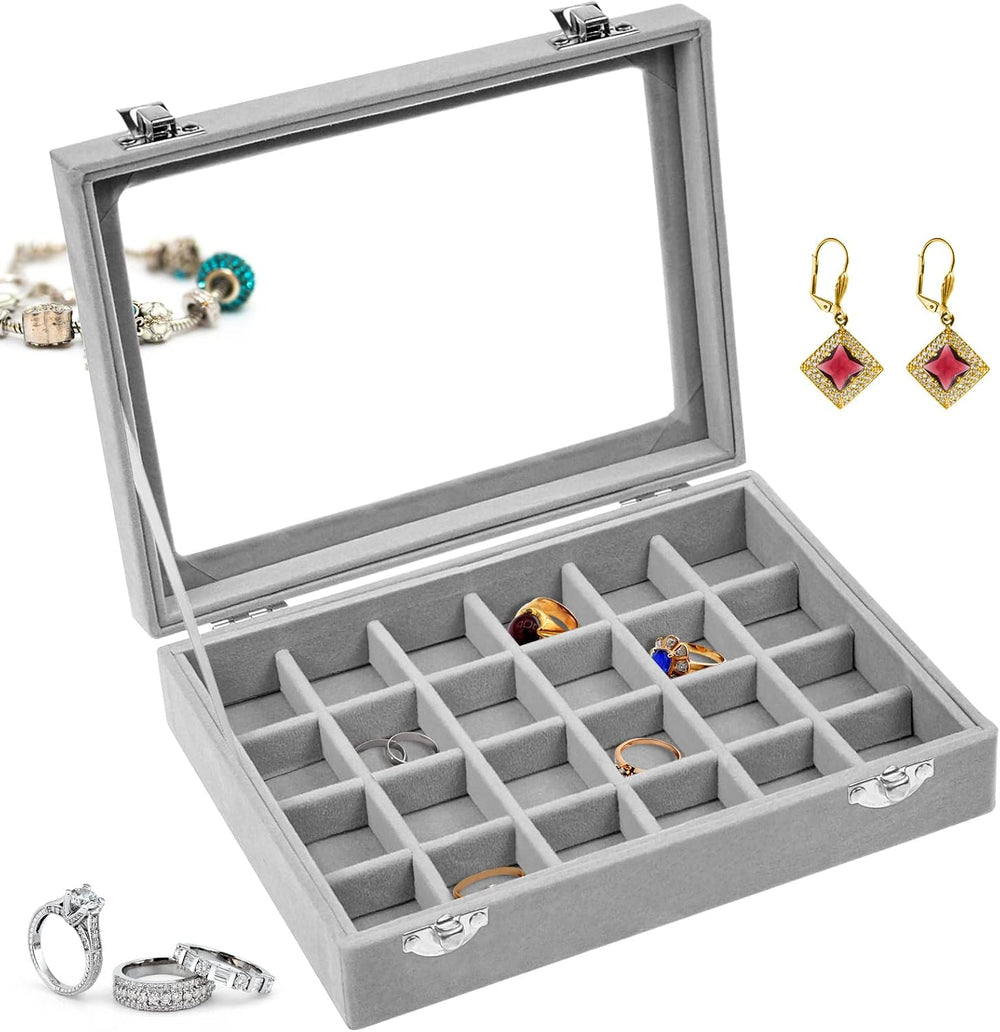 AMJKEJI Jewelry Organizer Schmuckkasten Grau 24 Fächer, Samt Aufbewahrung Schmuckkasten mit Glas Deckel, Verstellbar Schmuckschatulle für Halskette, Ring, Armband, Ohrringe