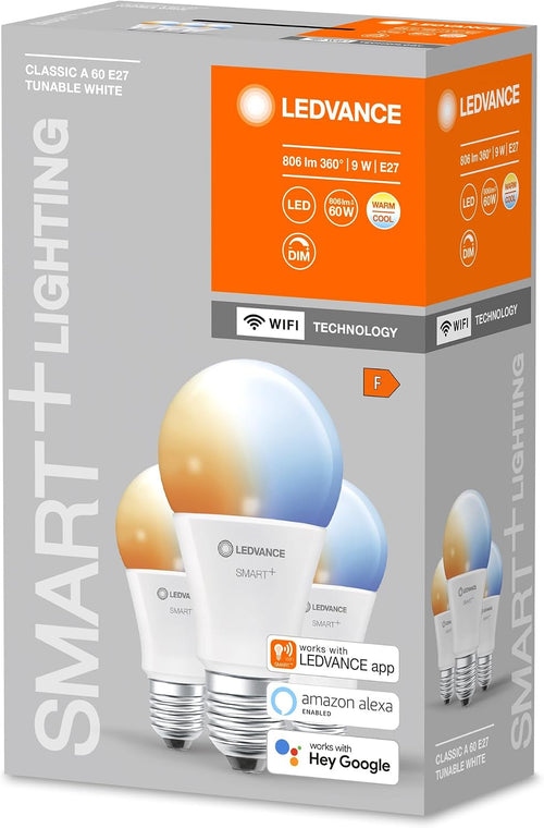 Ledvance Smarte LED-Lampe mit WiFi Technologie, Sockel E27, Dimmbar, Lichtfarbe änderbar (2700-6500K), ersetzt Glühlampen mit 60 W, SMART+ WiFi Classic Tunable White, 3er-Pack