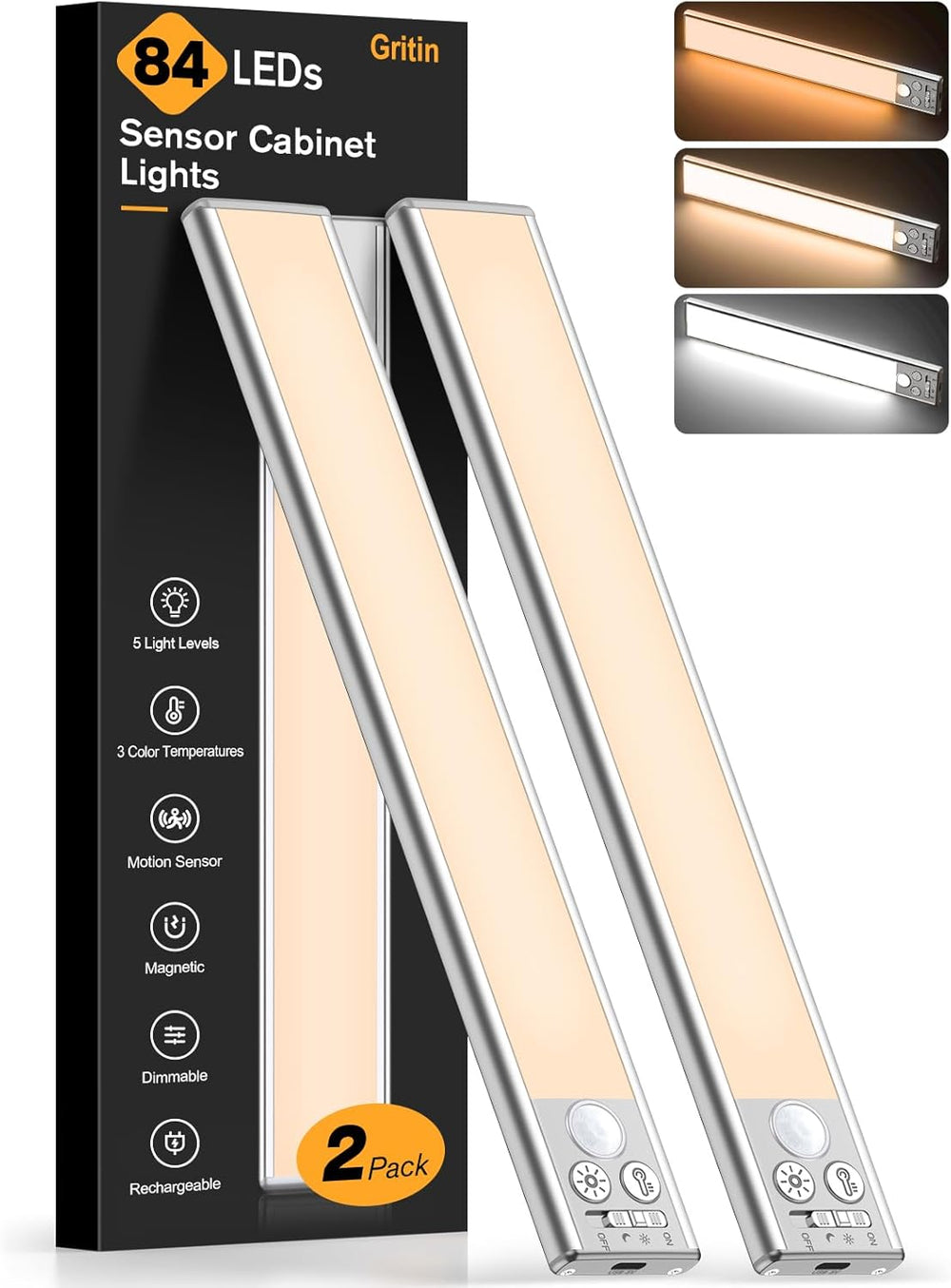 Gritin 26cm Schrankbeleuchtung Unterbauleuchte Küche Motion-Sensor, 2 Stück