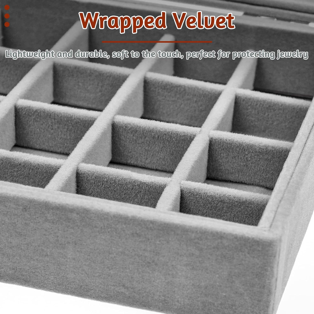 AMJKEJI Jewelry Organizer Schmuckkasten Grau 24 Fächer, Samt Aufbewahrung Schmuckkasten mit Glas Deckel, Verstellbar Schmuckschatulle für Halskette, Ring, Armband, Ohrringe